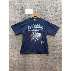 Vintage 90s Miami Dolphins NFL Graphic Short Sleeve T-Shirt Navy Blue Size XL